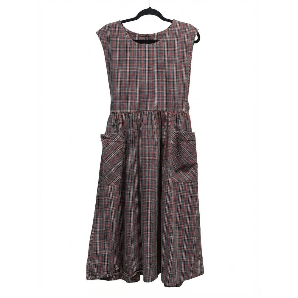 Vintage Willowbend Petite Plaid Midi Dress Sleeveless Button Back Pockets Red 8